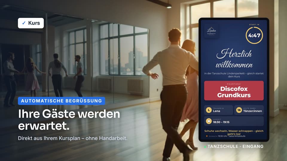 Willkommensbildschirm im Eingangsbereich einer Tanzschule mit Kurs, Trainerin und Countdown
